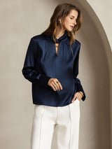 [Dark Blue] SilkSilky-UK 19Momme Silk Keyhole Neck Women's Shirt 006