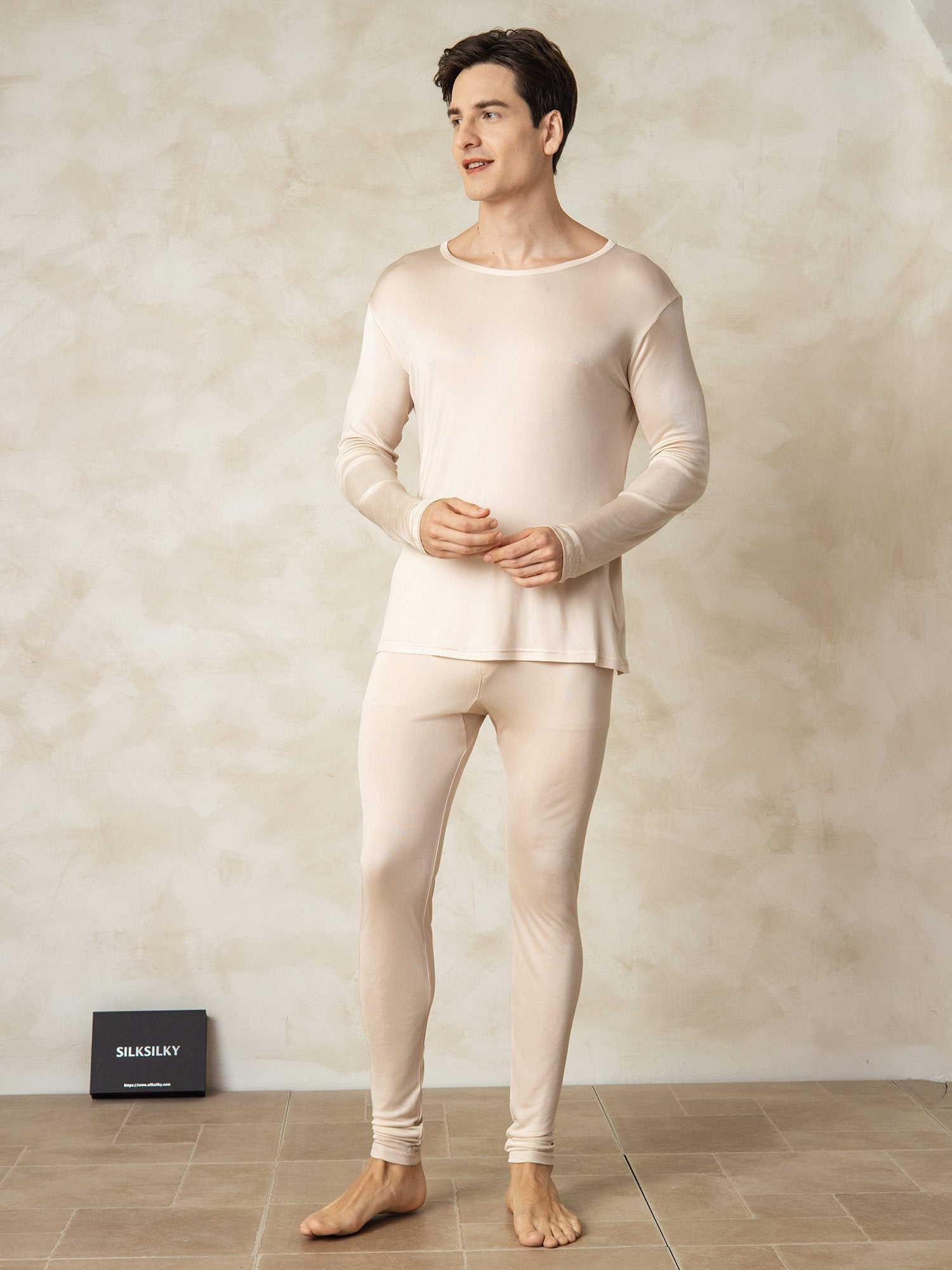 [Tan] SilkSilky-UK Silk Knitted Round Neck Men's Pyjamas 001