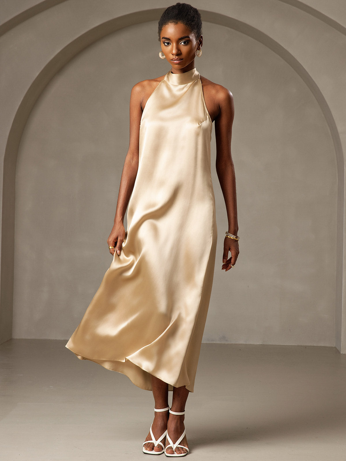 SilkSilky UK 19Momme Silk Sleeveless Dress Champagne 006