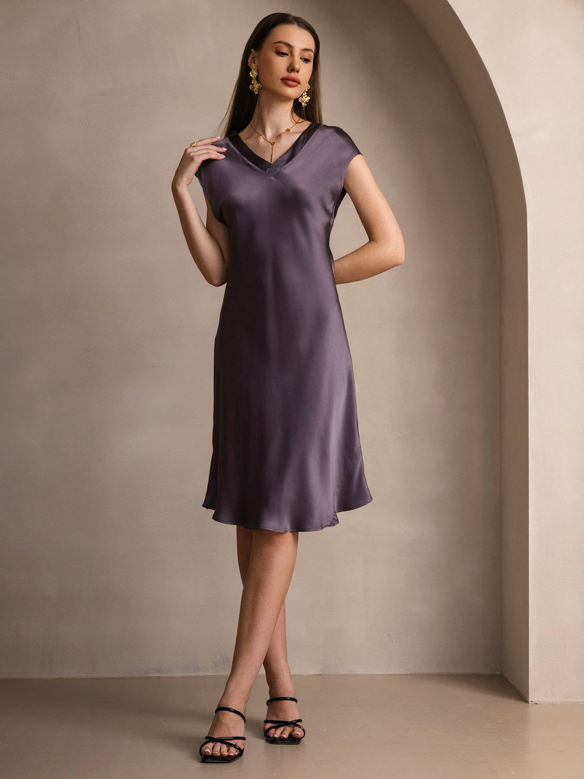 SilkSilky-UK Pure Silk Sleeveless V Neck Dress PurpleGray 005