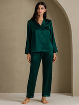 [Dark Green] SilkSilky-UK Long Sleeve Lapel Collar Women's Pyjamas 006