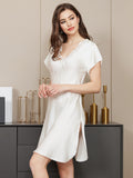 SilkSilky UK Pure Silk Short Sleeve V Neck Nightdress White 006