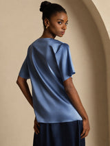 [Real Teal] SilkSilky-UK Short Sleeve Cowl Neck Women's Blouse 002