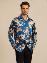 [Navy Dragon] SilkSilky-UK Long Sleeve Lapel Collar Men's Shirt 003