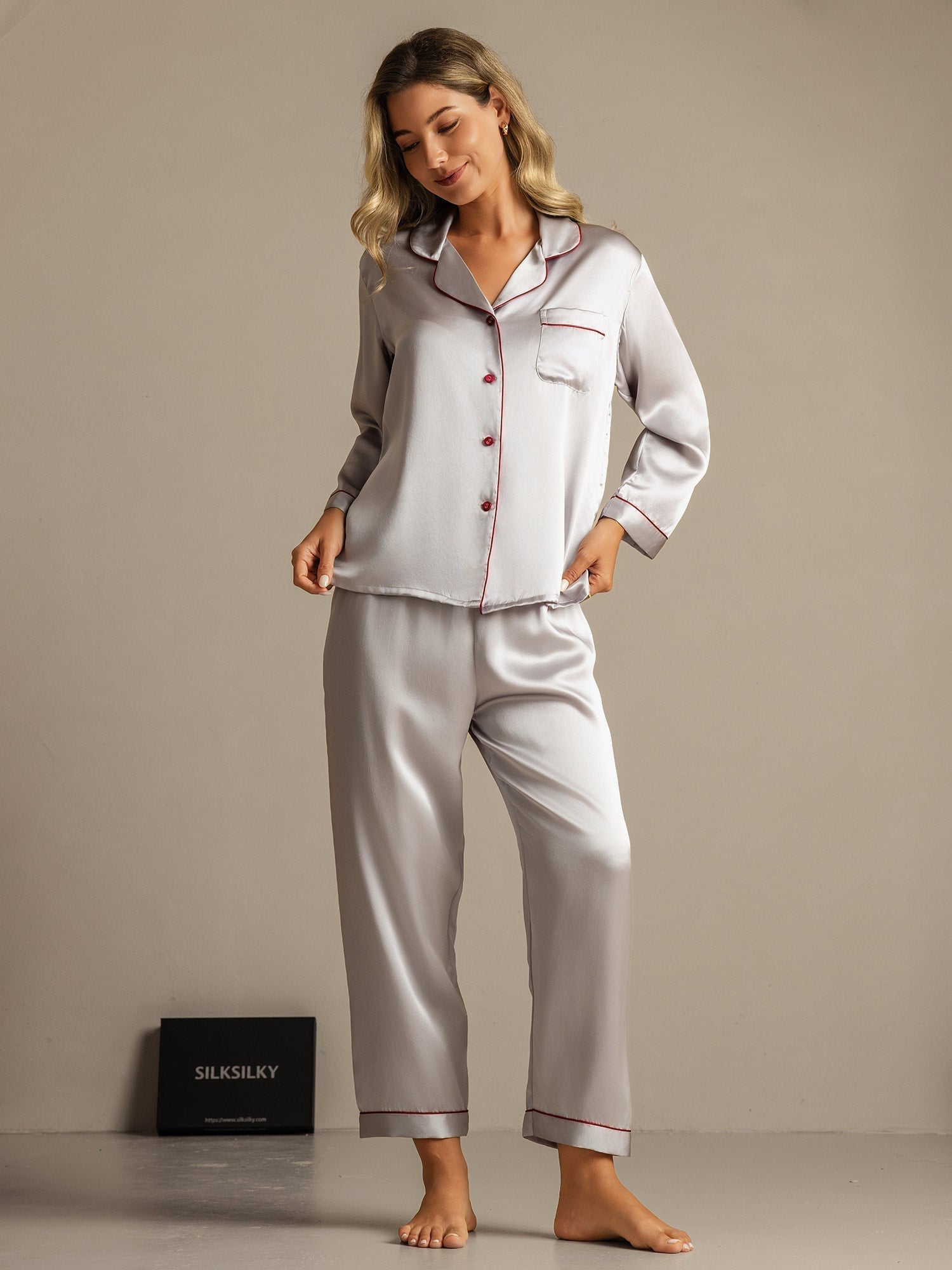 [Silver] SilkSilky-UK Long Sleeve Notch Collar Women's Pyjamas 006