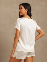[White] SilkSilky-UK 19Momme Machine-Washable Silk Short Sleeve Round Neck Women's Pyjamas 002