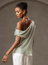[Light Green] SilkSilky-UK 19Momme Sleeveless One Shoulder Women's T-Shirt 002