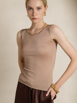 [Coffee] SilkSilky-UK 100% Silk Jersey Sleeveless Round Neck Women's T-Shirt 003