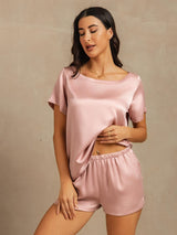 [Peach Skin] SilkSilky-UK 19Momme Machine-Washable Silk Short Sleeve Round Neck Women's Pyjamas 005