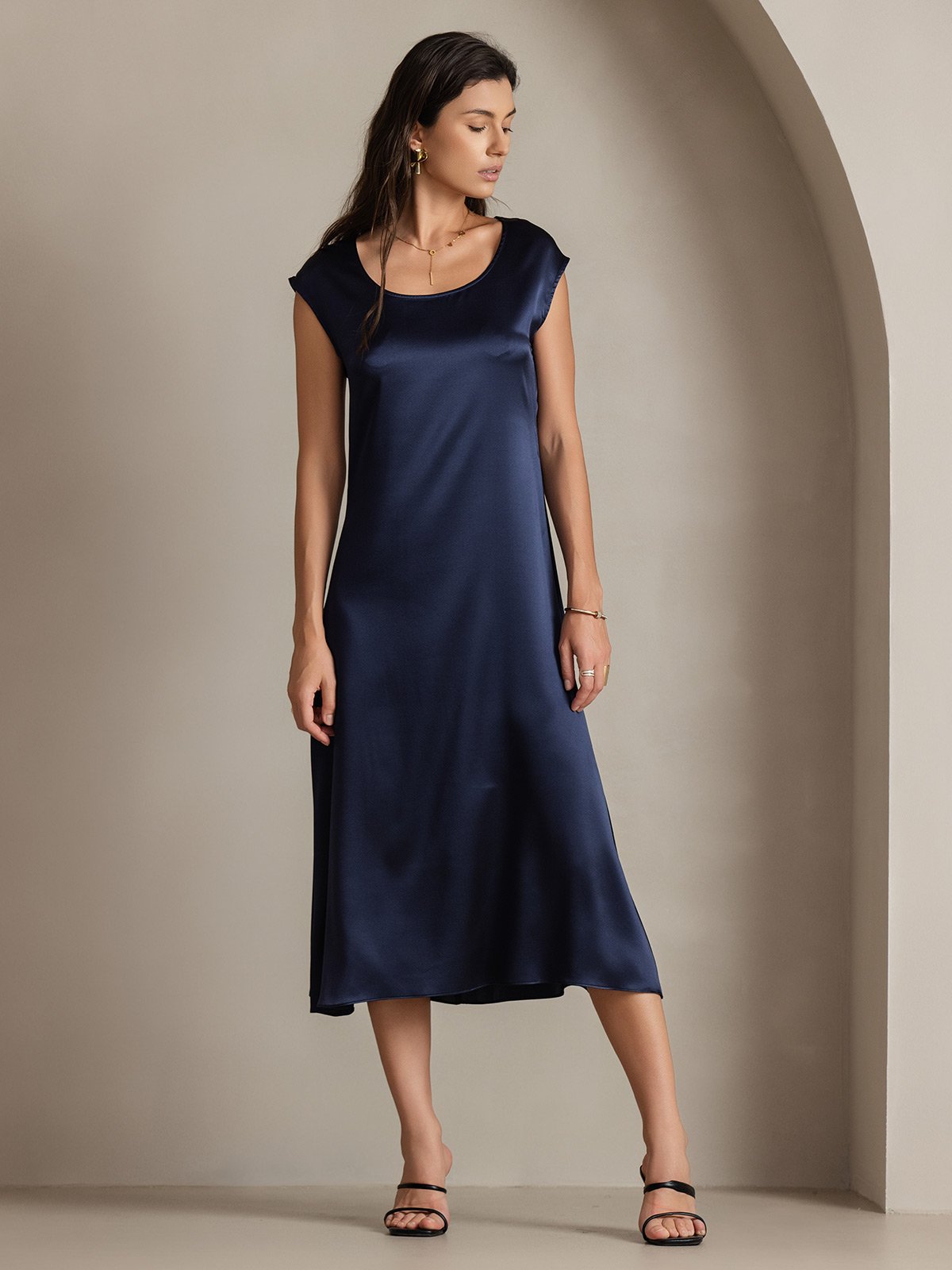 [Dark Blue] SilkSilky-UK 19Momme Silk Cap Sleeve Round Neck Dress 005