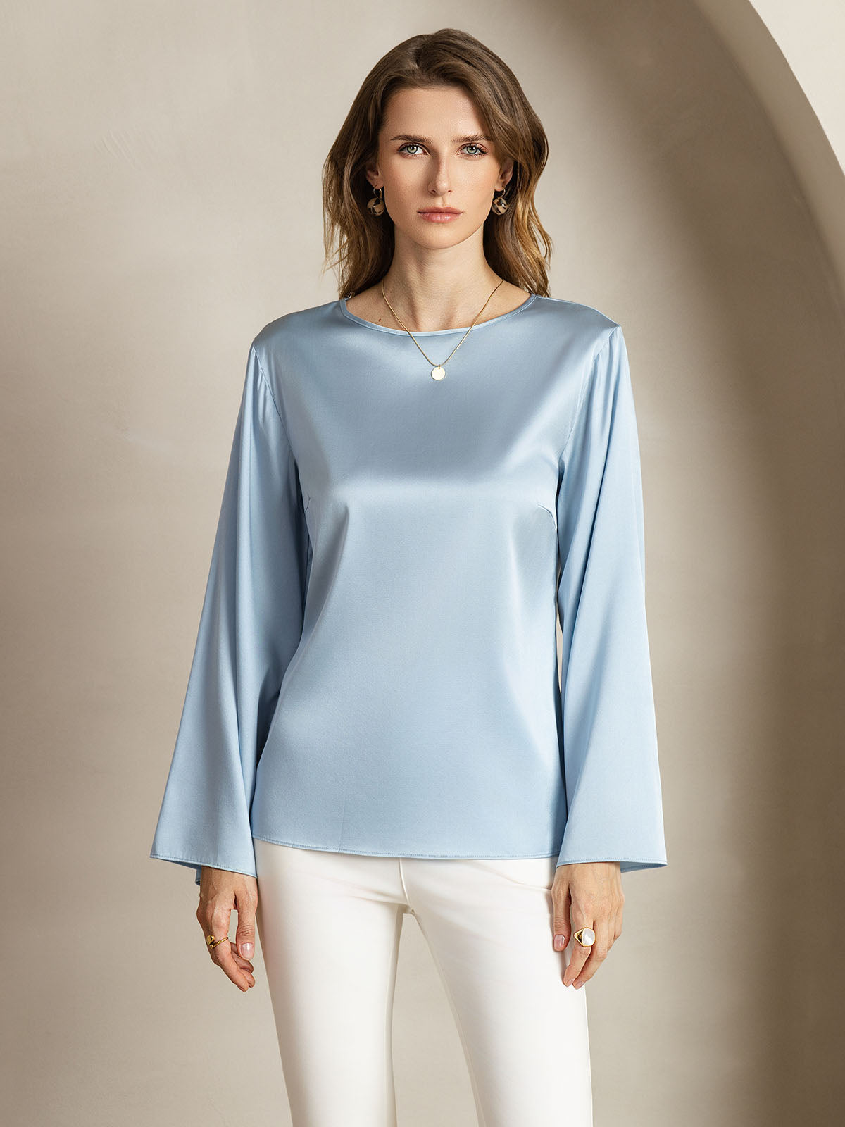 [Grayish Blue] SilkSilky-UK 19Momme Silk Round Neck Women's T-Shirt 001