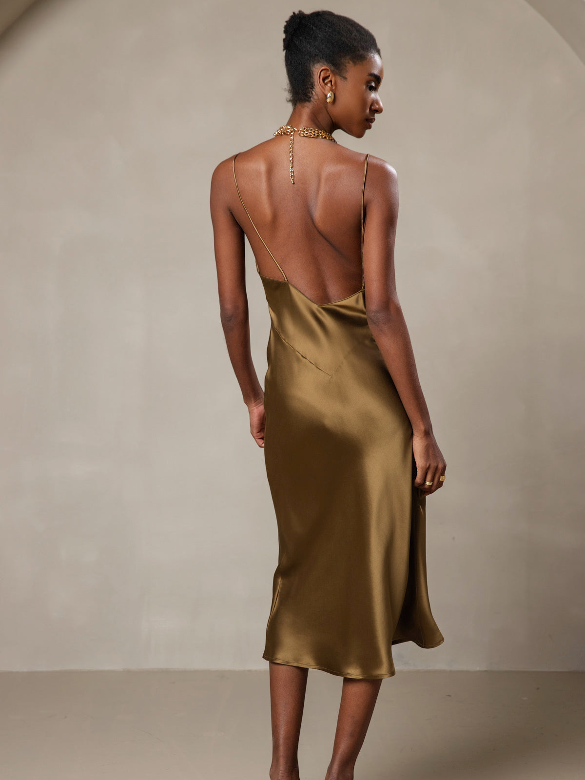 [Brown] SilkSilky-UK 19Momme Pure Silk V Neck Dress 002