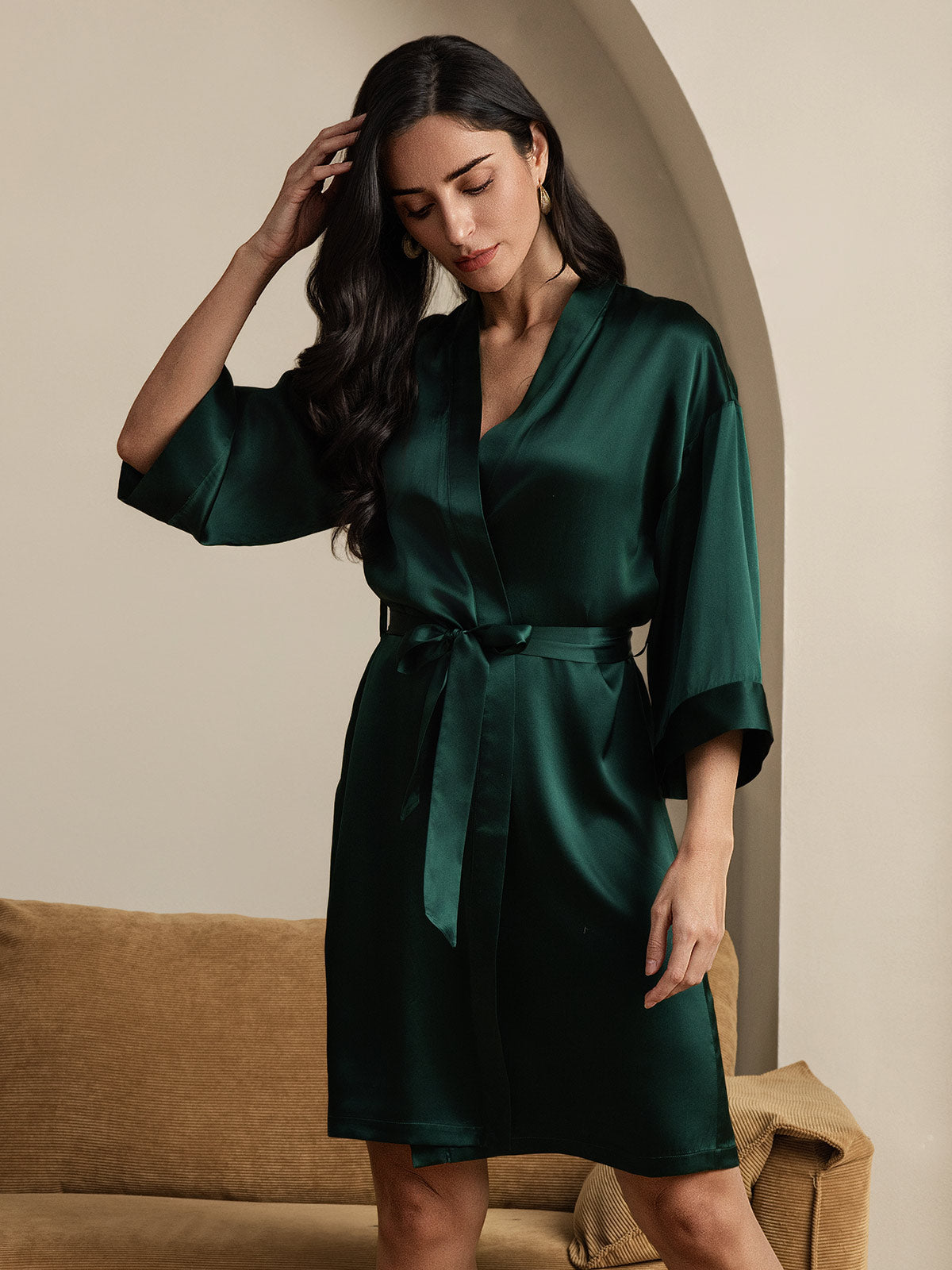 [Dark Green] SilkSilky-UK 3/4 Sleeve Women's Dressing Gown 006