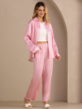[Pink Pinstripe] SilkSilky-UK Long Sleeve Lapel Collar Women's Outfit Sets 003