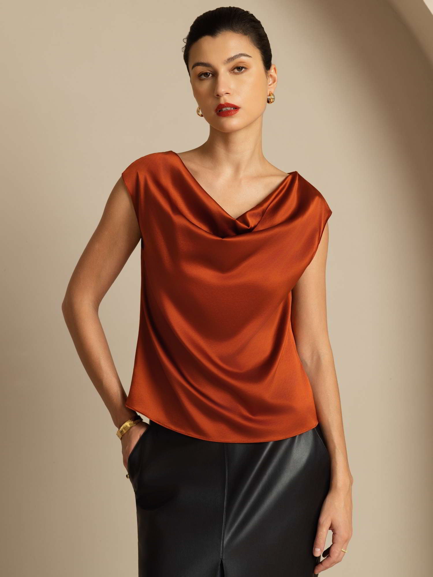 [Caramel] SilkSilky-UK 19Momme Silk Cap Sleeve Cowl Neck Women's T-Shirt 001