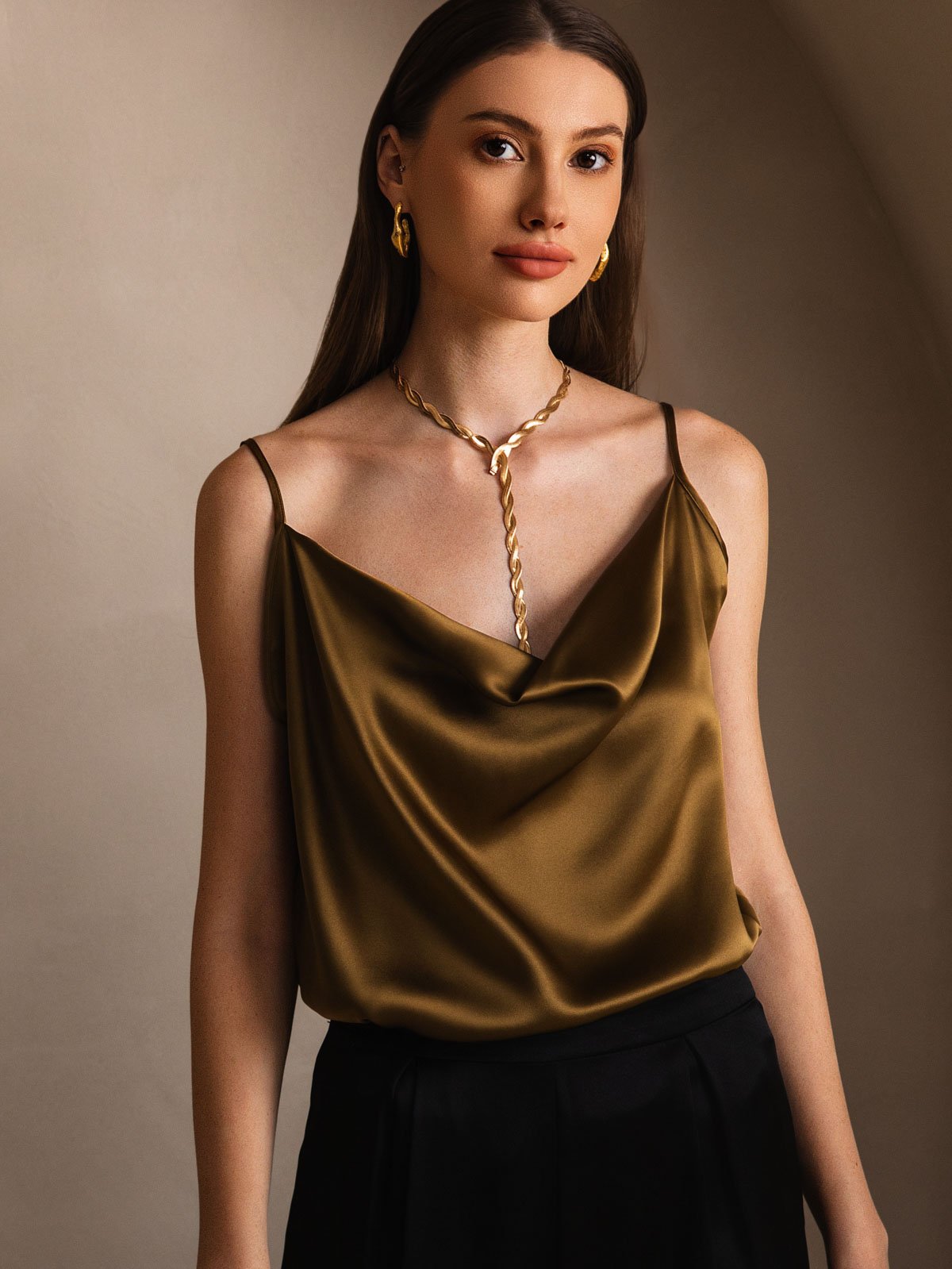 [Brown] SilkSilky-UK 19Momme Stretch Silk Charmeuse Spaghetti Strap Cowl Neck Camisole 003