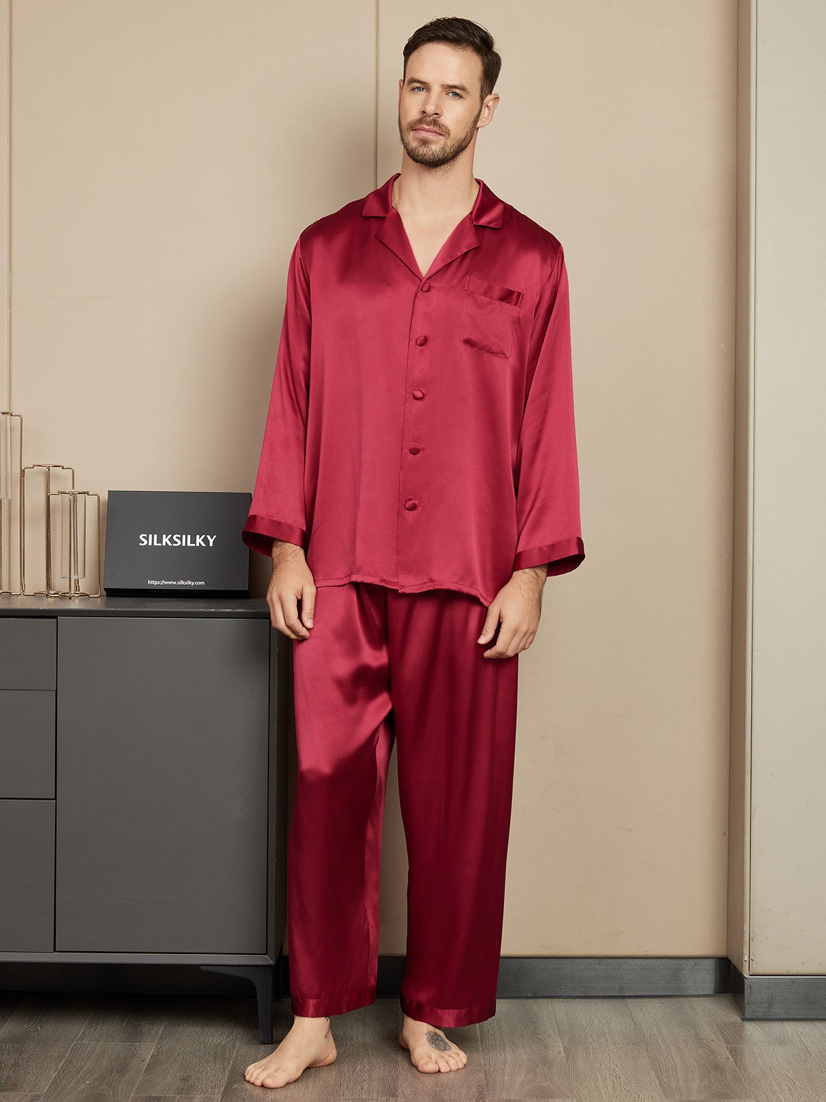 SilkSilky UK Pure Silk Long Sleeve Mens Pajamas Wine 001