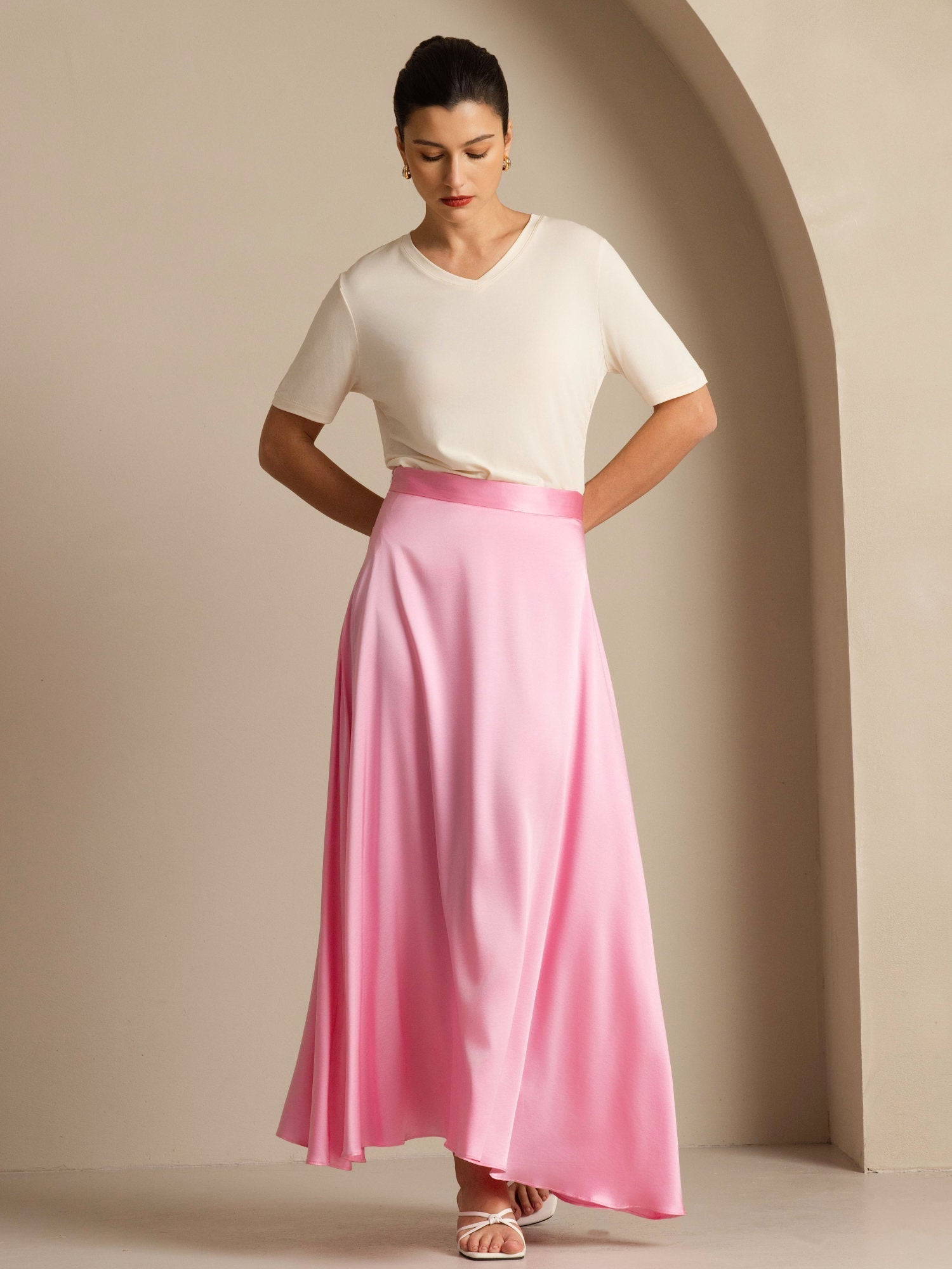 [Sachet Pink] SilkSilky-UK 19Momme Stretch Silk Charmeuse Skirt 008