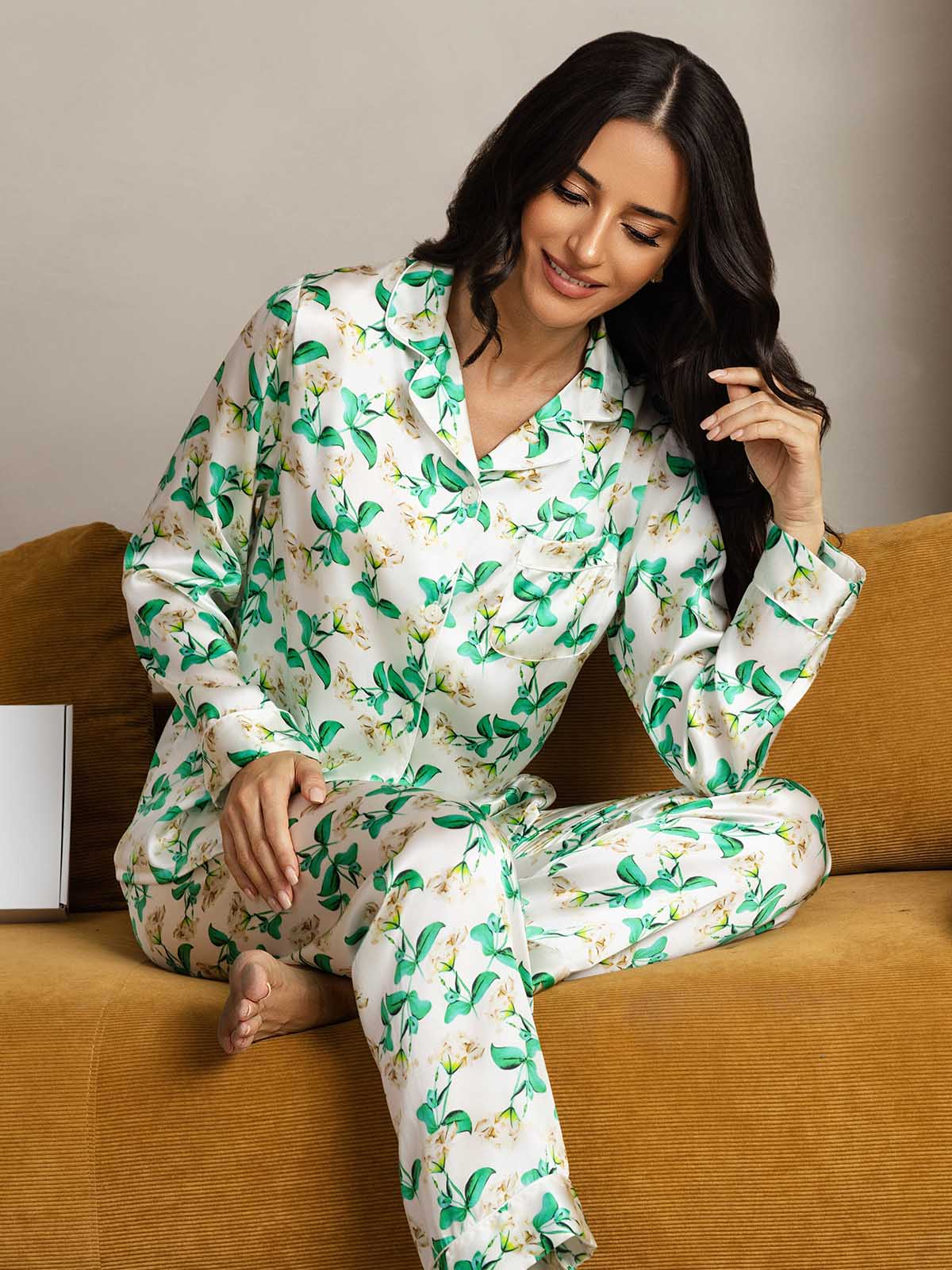 [Green Floral] SilkSilky-UK Pure Silk Womens Pajamas 001