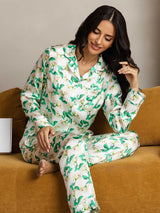 [Green Floral] SilkSilky-UK Pure Silk Notch Collar Women's Pyjamas 006,