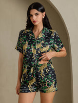 [Black Serval] SilkSilky-UK Short Sleeve Notch Collar Women's Pyjamas 004