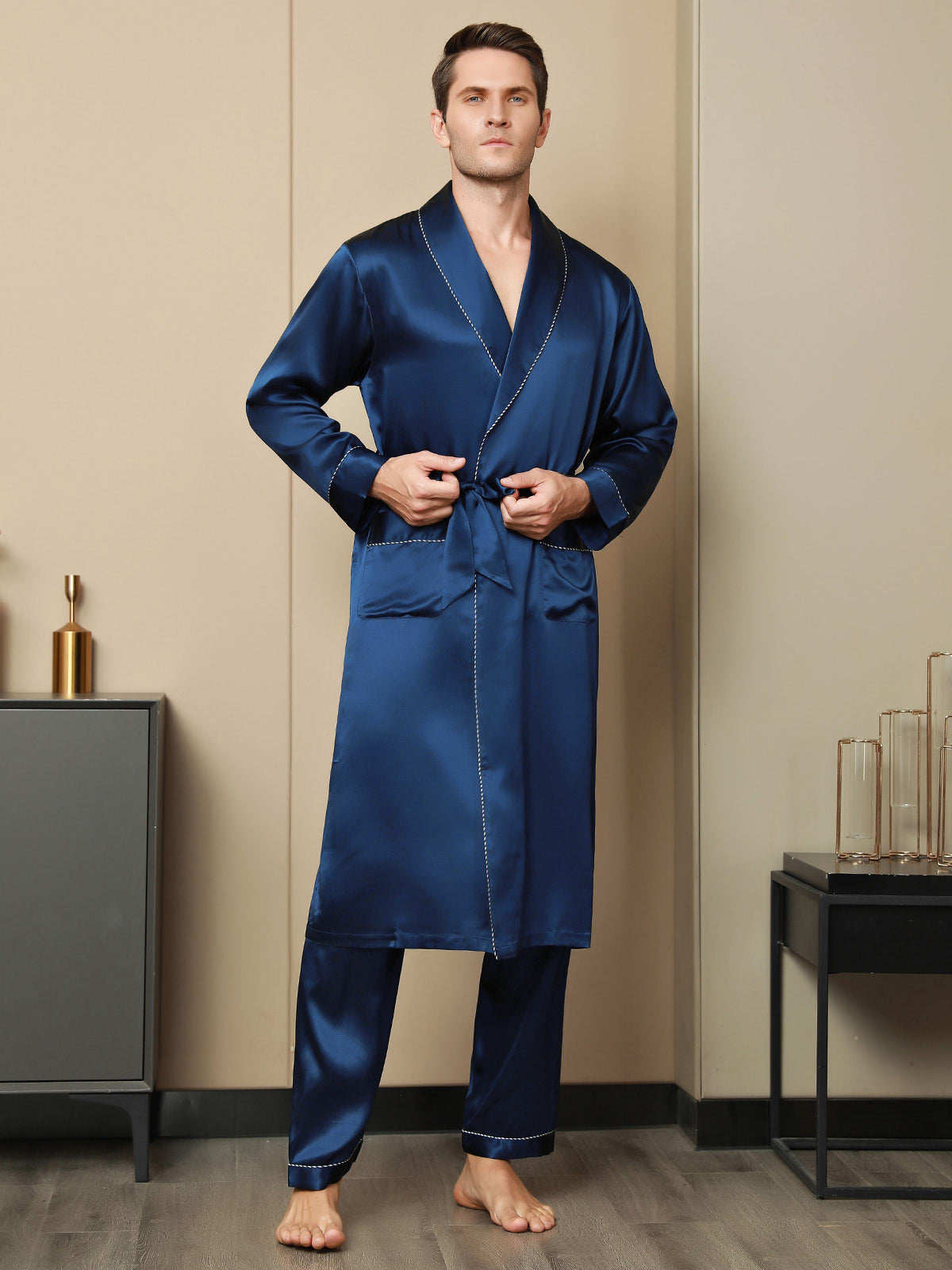 Pure Silk Contrast Piping Belted Dressing Gown & Pants Set