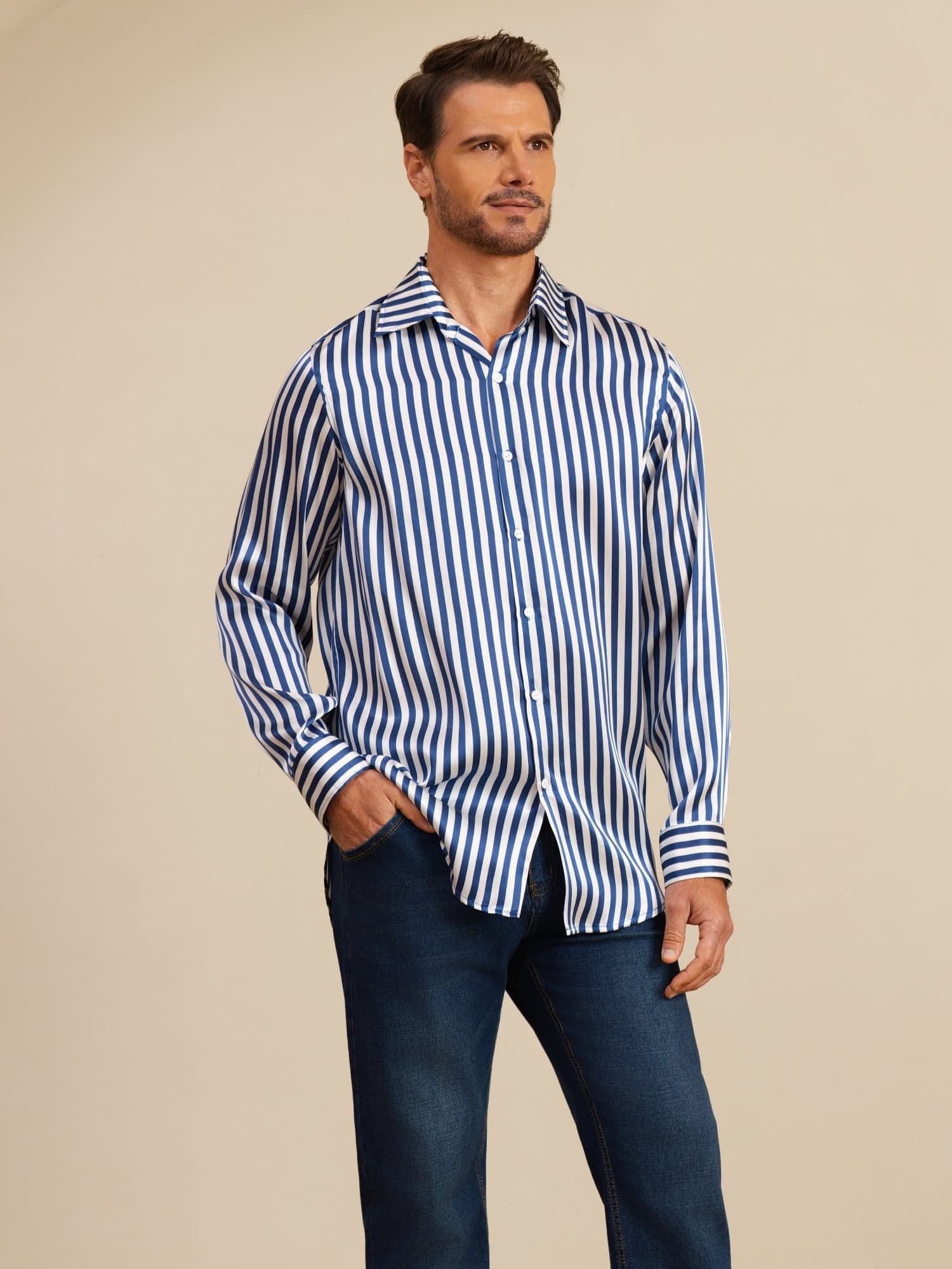 [Navy Stripe] SilkSilky-UK 19Momme Stretch Silk Charmeuse Long Sleeve Lapel Collar Men's Shirt 004