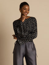[Polka Dot] SilkSilky-UK 19Momme Silk Bell Sleeve Round Neck Blouse 003