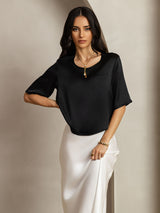 [Black] SilkSilky-UK Half Sleeve Scoop Neck Women's T-Shirt 003