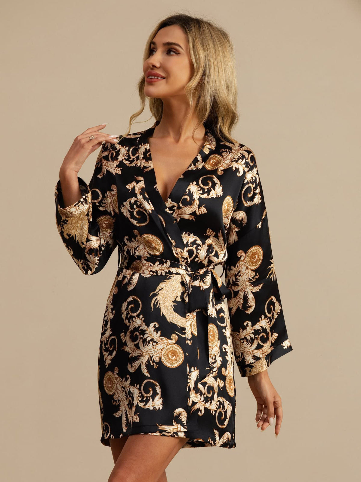 [Black Dragon] SilkSilky-UK 3/4 Sleeve Women's Dressing Gown 001