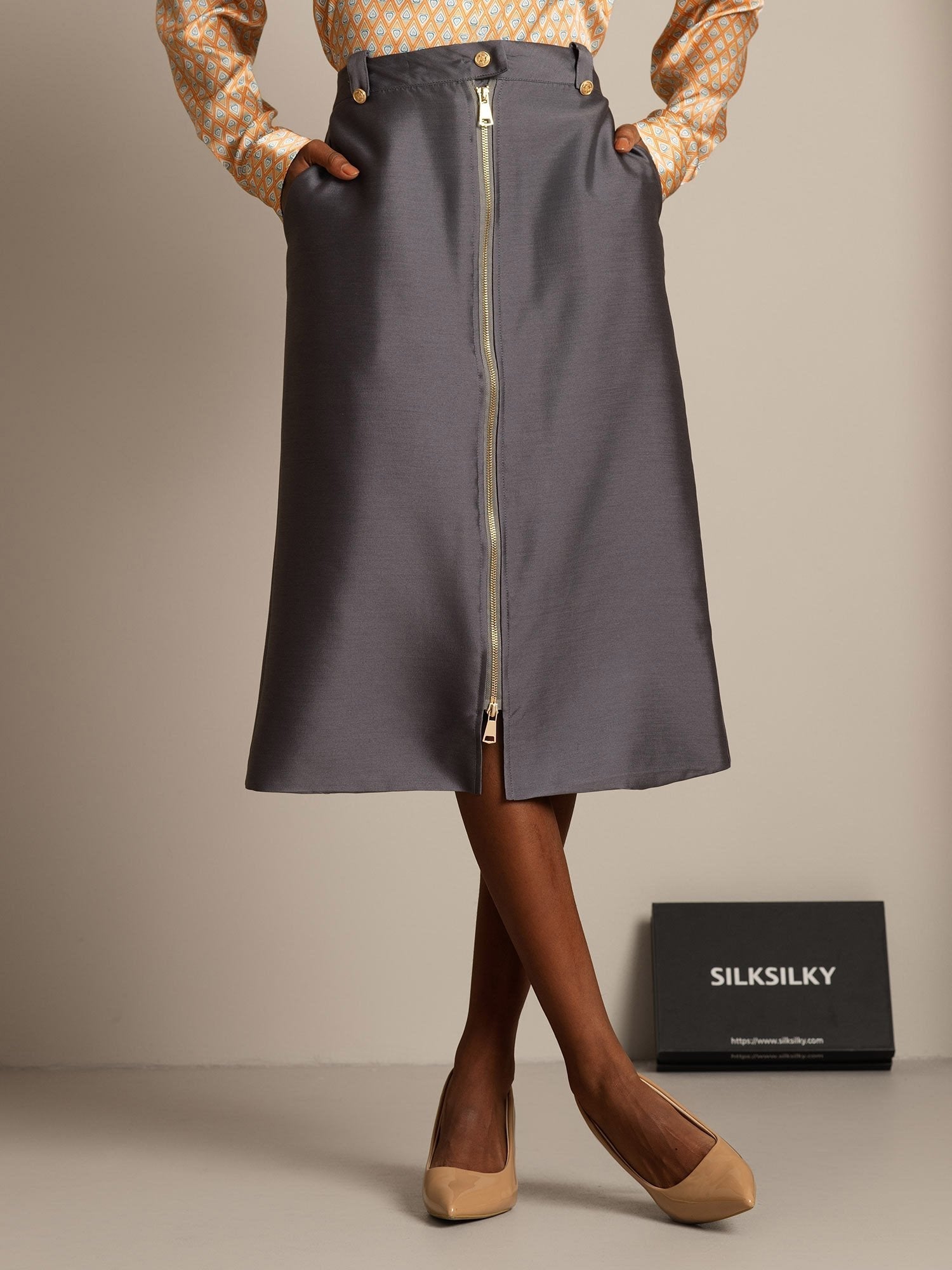 [Gray] SilkSilky-UK 32Momme Silk-Wool Blend Split Skirt 001,