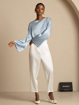 [Grayish Blue] SilkSilky-UK Long Sleeve Boat Neck Blouse 009