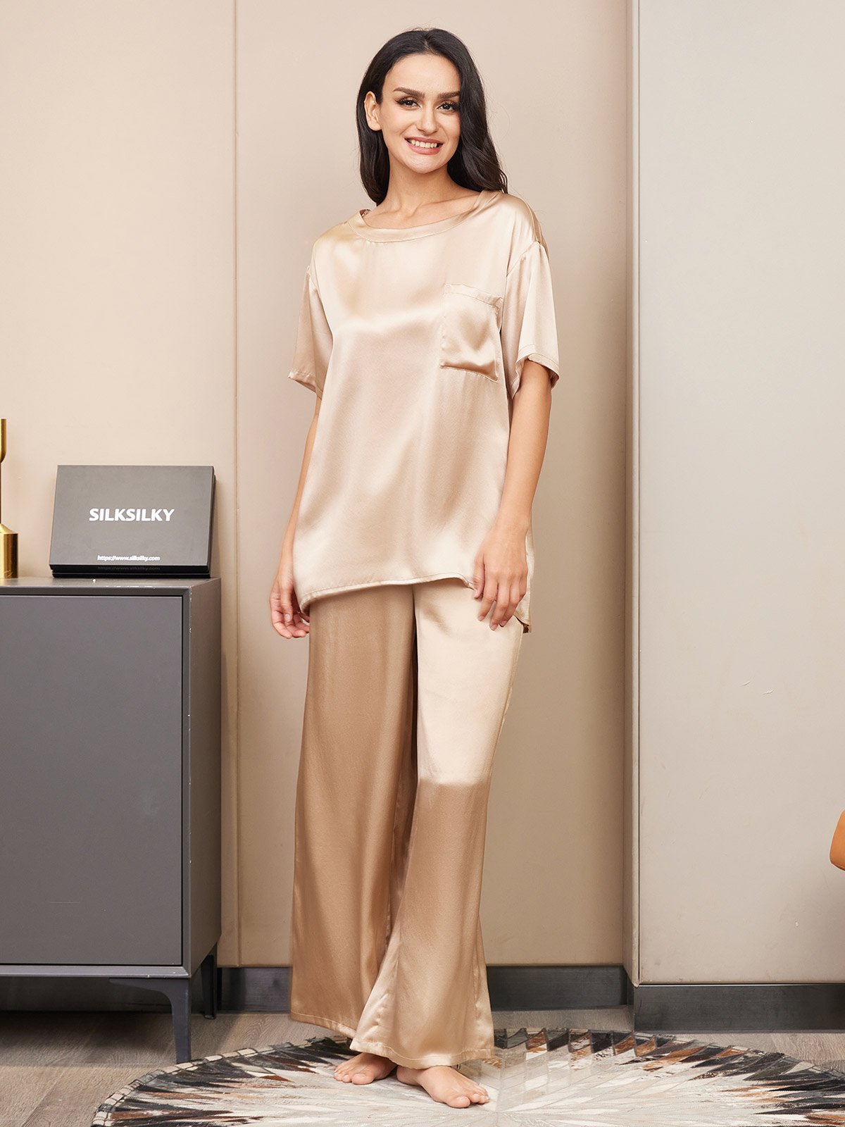 [Champagne] SilkSilky-UK Pure Silk Short Sleeve Womens Pajamas 003