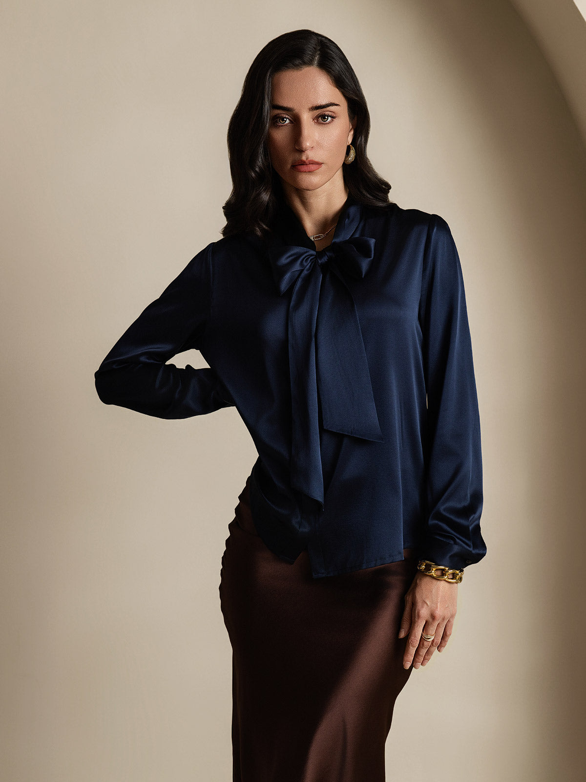 [Dark Blue] SilkSilky-UK 19Momme Silk Long Sleeve Tie Neck Women's Shirt 003