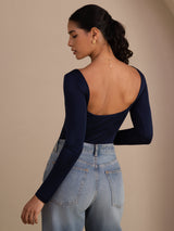 [Dark Blue] SilkSilky-UK Long Sleeve U Neck Women's T-Shirt 002