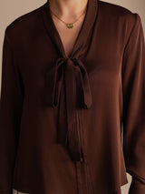 [Bitter Chocolate] SilkSilky-UK Long Sleeve Tie Neck Women's Blouse 004