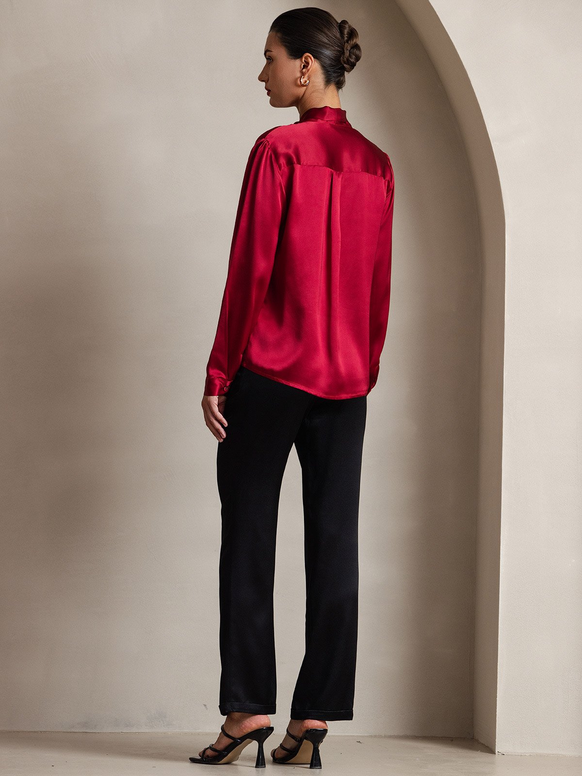 [Wine] SilkSilky-UK 19Momme Silk Long Sleeve Tie Neck Women's Shirt 002