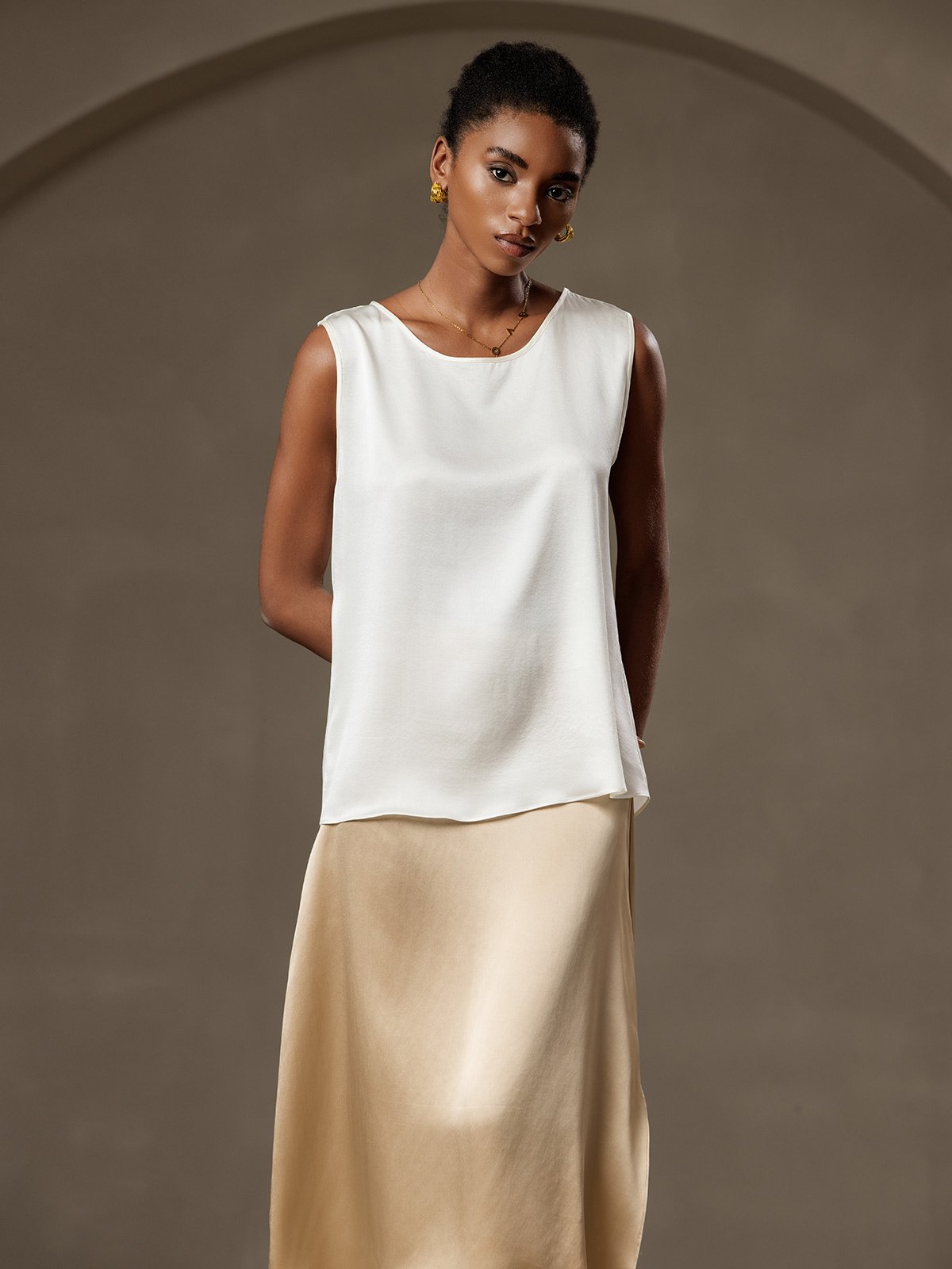 [White] SilkSilky-UK 19Momme Silk Round Neck Camisole 001