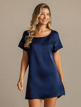 [Dark Blue] SilkSilky-UK 19Momme Machine-Washable Silk Short Sleeve Round Neck Nightdress 003