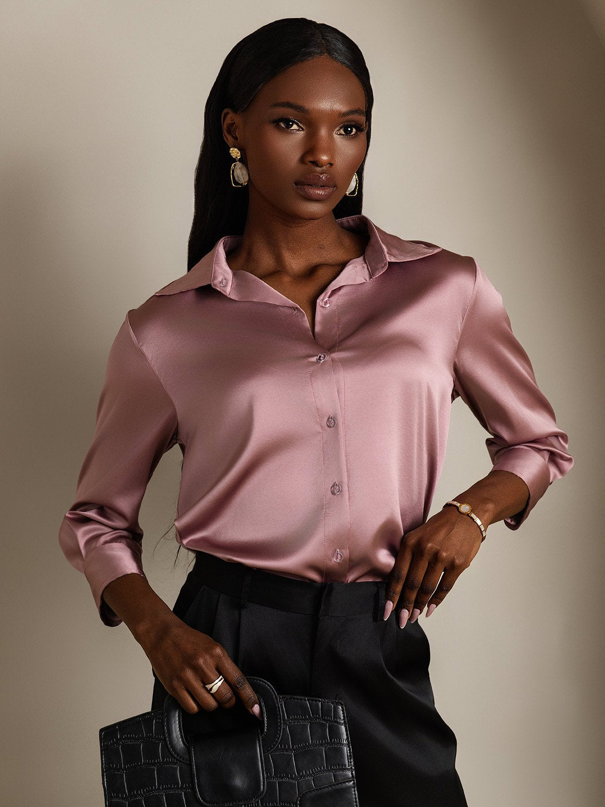 [Pale Mauve] SilkSilky-UK 19Momme Silk Lapel Collar Women's Shirt 003