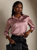 [Pale Mauve] SilkSilky-UK 19Momme Stretch Silk Charmeuse 3/4 Sleeve Lapel Collar Women's Shirt 003