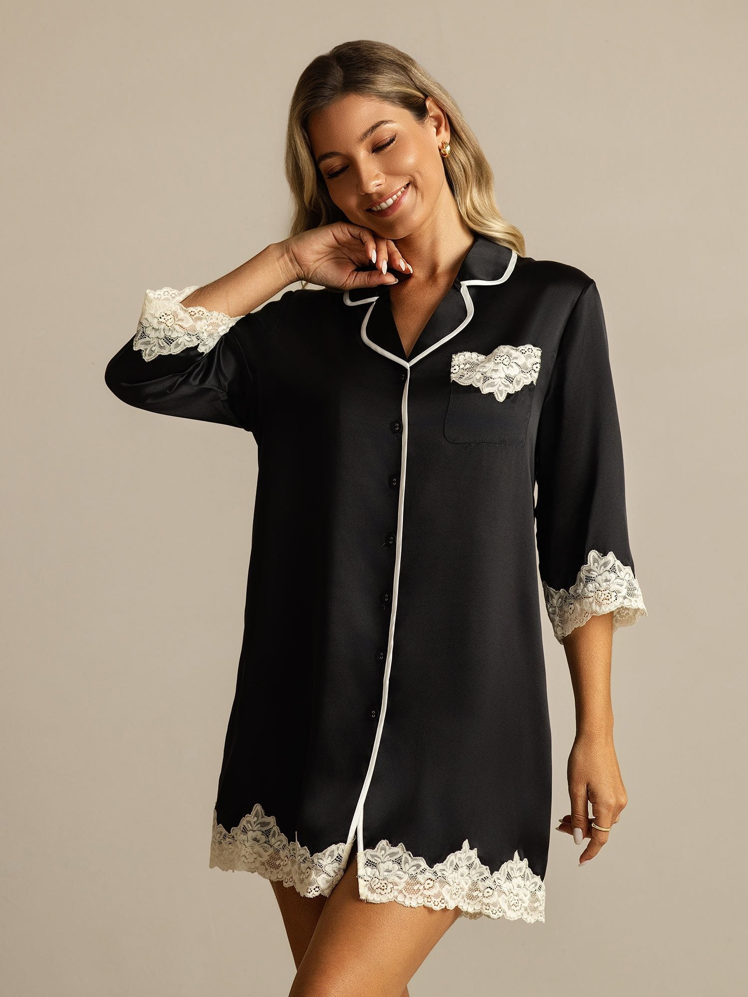 [Black] SilkSilky-UK Pure Silk Collar Nightshirt 001
