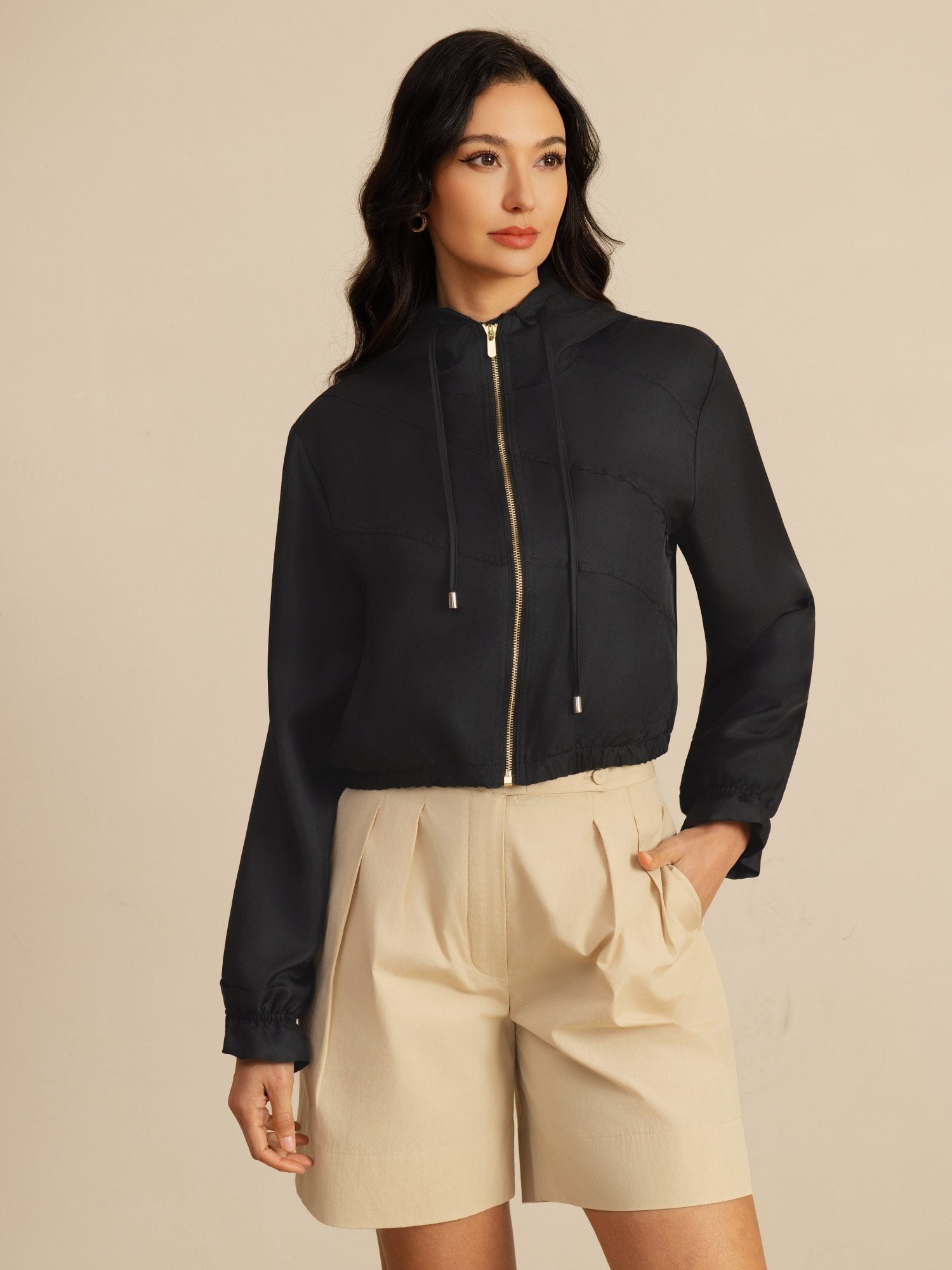 [Black] SilkSilky-UK 18Momme Silk Satin Surah Long Sleeve High Neck Women's Outerwear 005