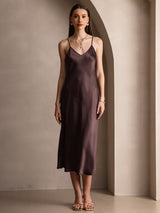 [Coffee] SilkSilky-UK Spaghetti Strap V Neck Dress 001
