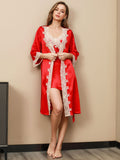 SilkSilky UK Pure Silk 3/4 Sleeve Nightgown&Robe Set Red 002