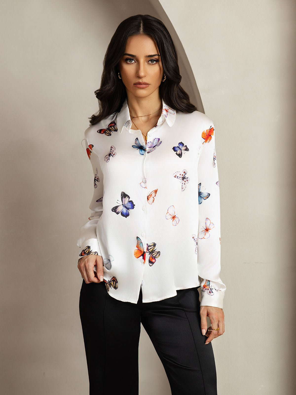 [White Butterfly] SilkSilky-UK Silk Long Sleeve Collar Women's Shirt 001