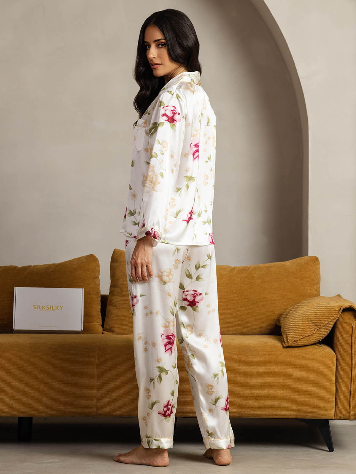 [Ivory Floral] SilkSilky-UK Pure Silk Womens Pajamas 002