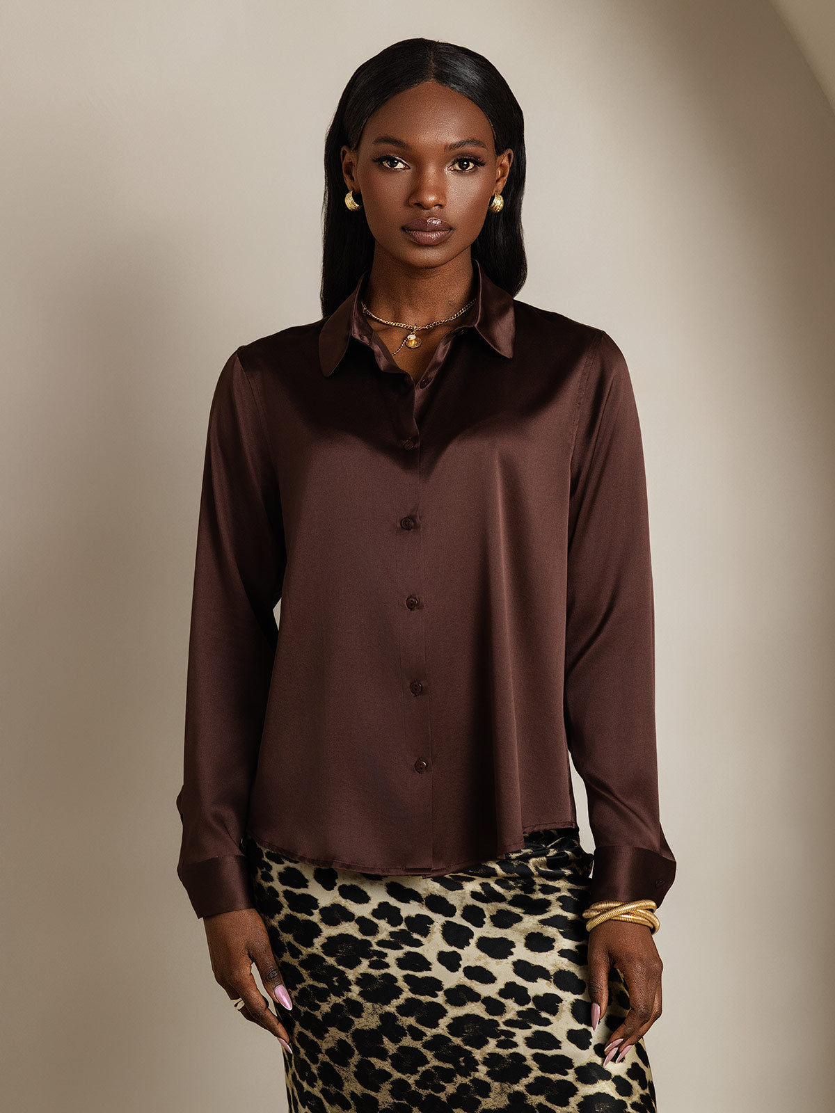 SilkSilky-UK Silk Long Sleeve Collar Women's Shirt Brown 003