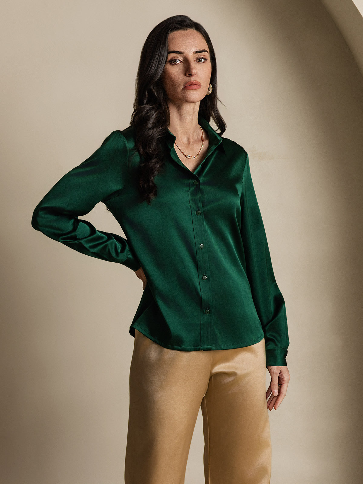 SilkSilky-UK 19Momme Silk Long Sleeve Collar Women's Shirt DarkGreen 001