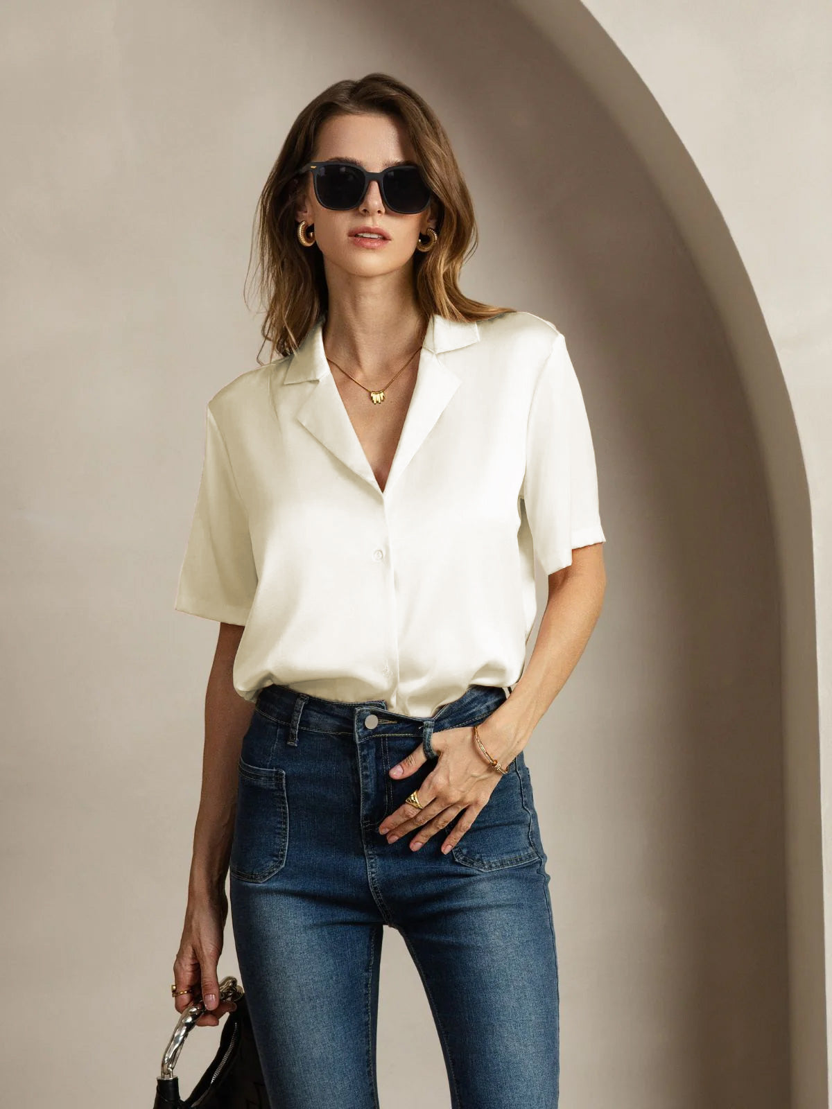[Ivory] SilkSilky-UK 19Momme Silk Notched Neck Women's Shirt 005